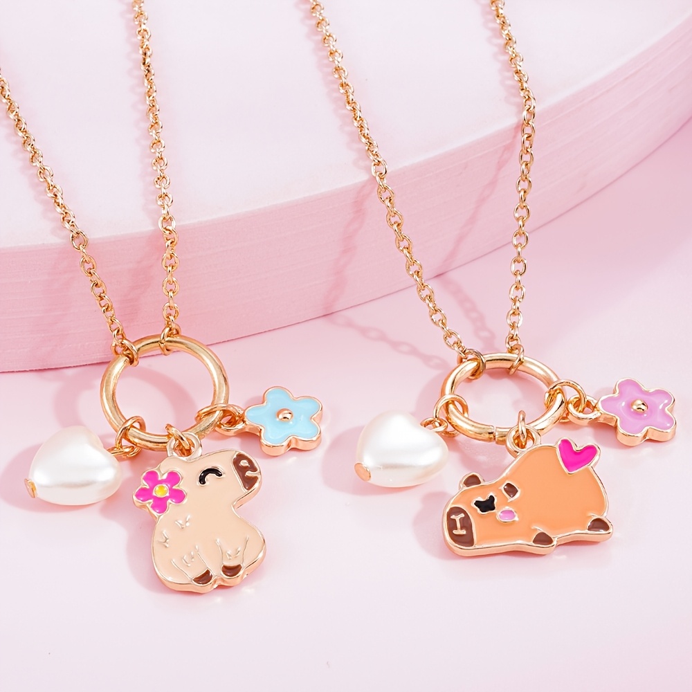 Girls' Capybara Enamel Flower Heart Pendant Necklace